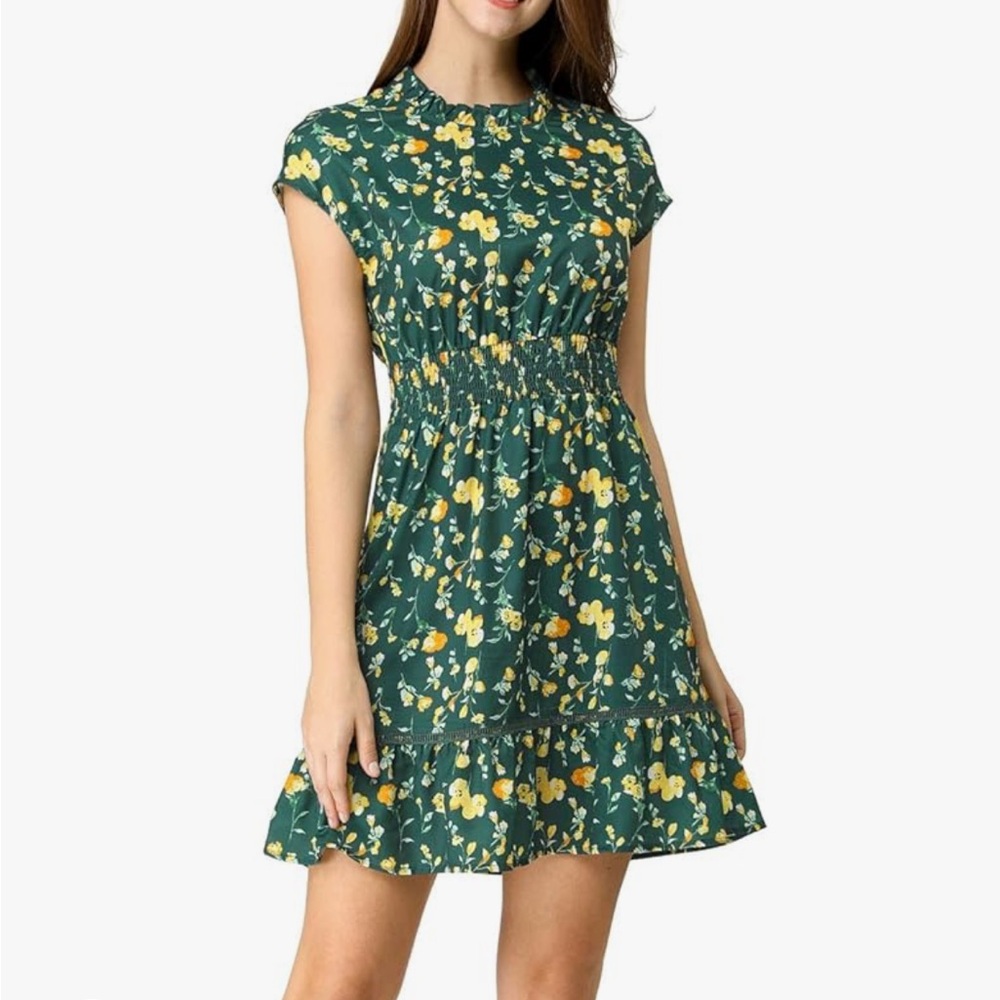 Allegra K Women's Floral Printed Cap Sleeve Smocked
Waist Ruffle Hem - Med Green